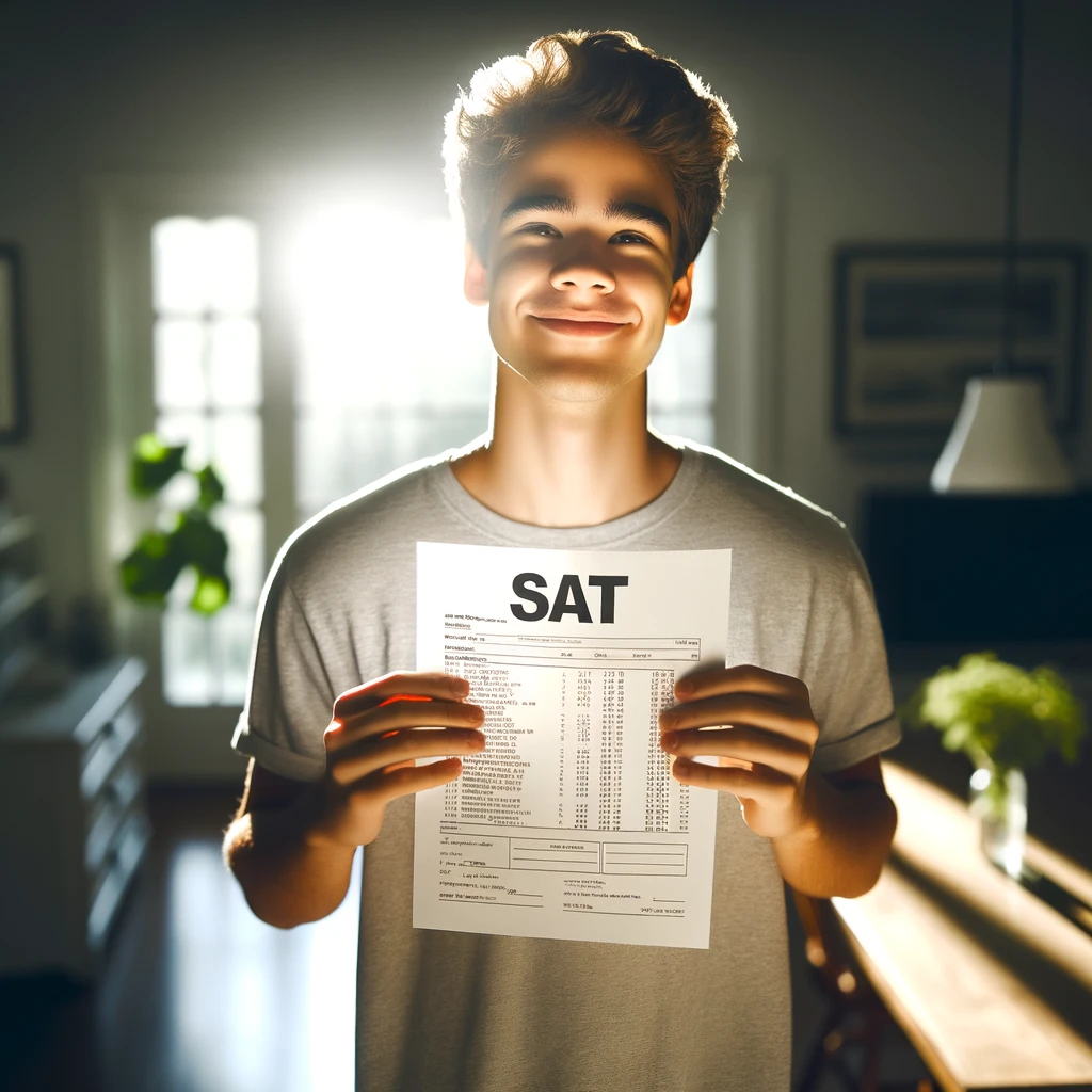 student holding an sat scorecard and smiling, indicating a great score and the college of his choice