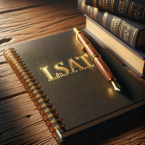 Notebook with LSAT on cover, with pencil on top and books in bacground