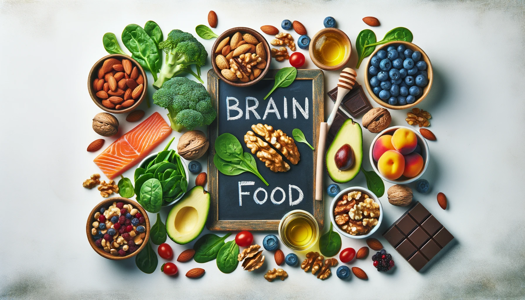 Chalkboard in the middle of a spread of healthy foods, with the text "Brain Food" written in white chalk