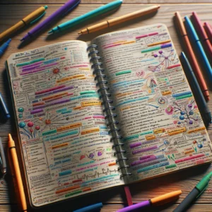 Notebook completely filled with notes, highlights, and diagrams, surrounded by pencils and highlighters