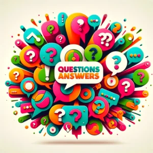Text "Questions Answers" in the center of a circle of question marks of various shapes, sizes, and colors
