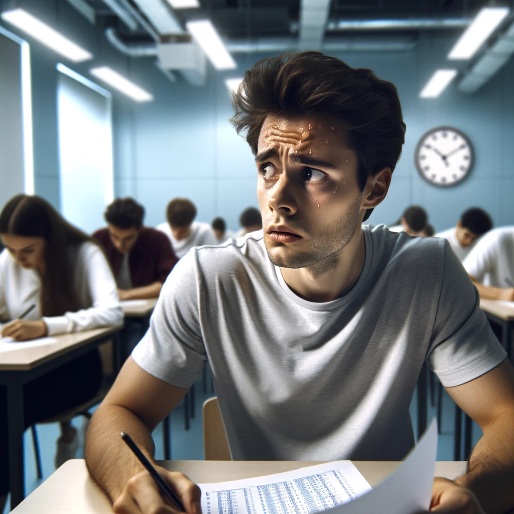 Person struggling to overcome test anxiety as he sits in the classroom, sweating profusely.