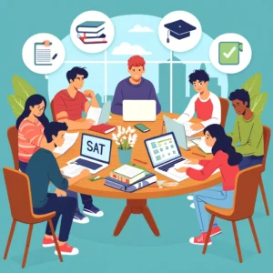 a group of diverse students studying together for the SAT. They're seated around a table, engaging with each other and their study materials in a colorful and friendly environment. 
