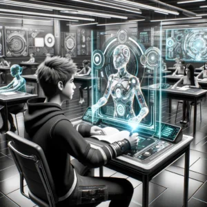 A scene of a futuristic student taking a test in a high tech classroom