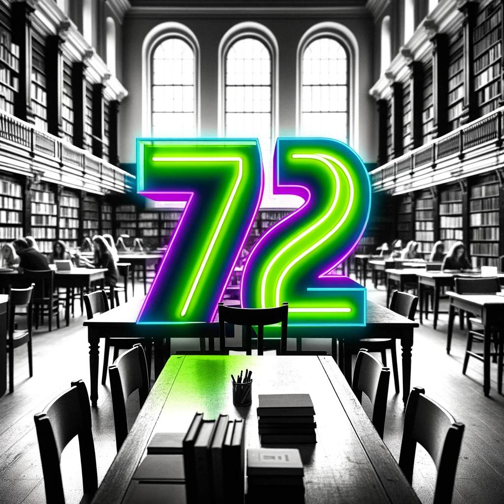 The number '72' in neon green and purple, contrasts against a black and white photo of a library.