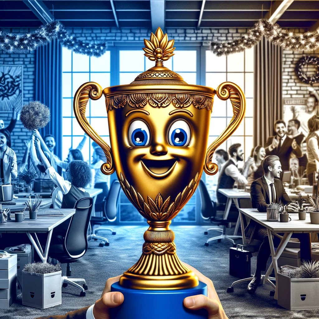A trophy celebrating in a room filled with people desks and decorations